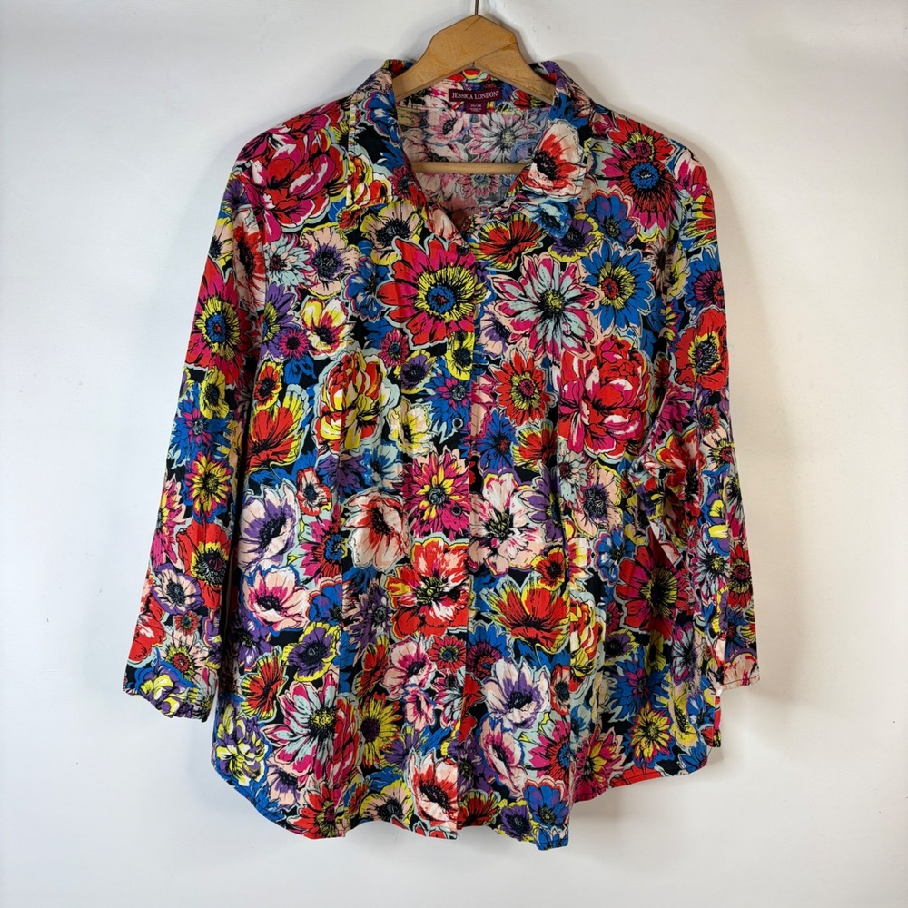 Jessica London Blouse Women 26/28 Multicolor Floral 3/4 Sleeve Button Up Top